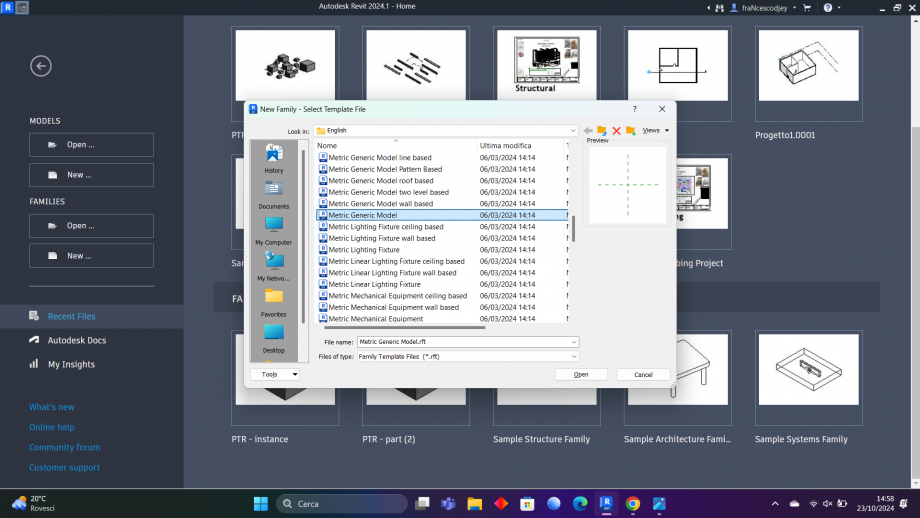 Scegliere opzione Families-> new-> metric generic model-> apri.